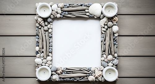 Seashell frame on wooden surface a coastal decorative accent for beach themed interiors
