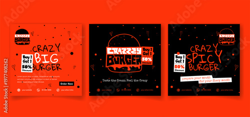 Social media post template for burger food advertisement in orange and black