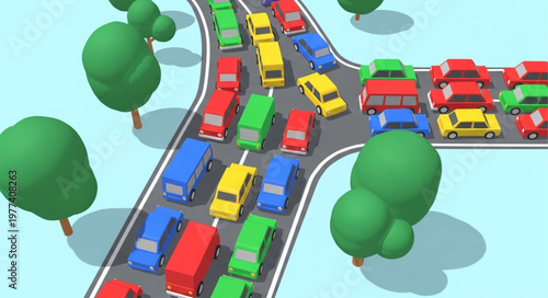 Busy intersection with colorful cars stuck in traffic jam.
