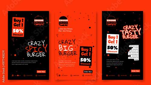Social media post template in portrait black orange background design for burger food