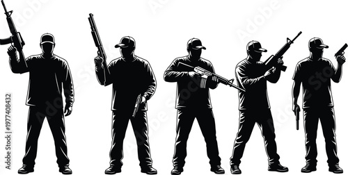 Silhouette collection of armed men holding rifles and pistols in different poses isolated on white background representing security, crime, danger, and tactical scenarios