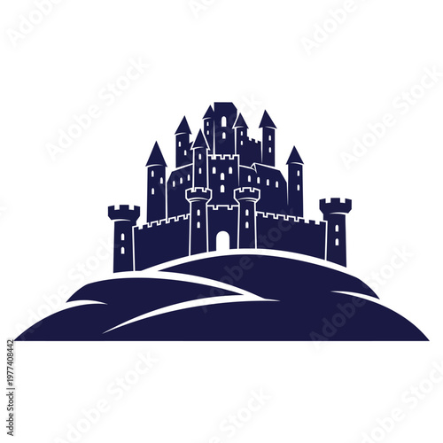 Majestic Dark Blue Castle Silhouette on Rolling Hills.
