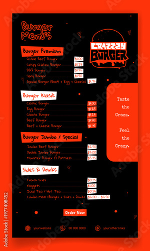 Food menu template design in black and orange for burger advertisement