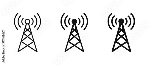 Radio tower signal icon set with antenna and transmission waves in outline, solid, and hand-drawn sketch styles