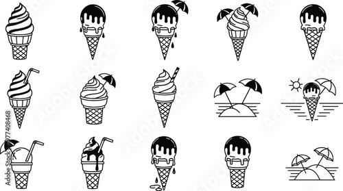 Ice cream cone icons set with summer beach elements including umbrellas sun and tropical island symbols for vacation food menu design and party
