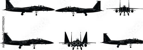 Silhouette of modern fighter jet aircraft in multiple views showing side front and rear angles with landing gear detailed military aviation isolated on white background