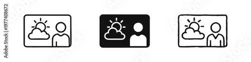Weather forecast news icon set with meteorologist, sun, and cloud symbols for television and mobile apps
