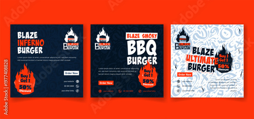 Set of social media post template with fire blaze concept design for for burger food advertisement
