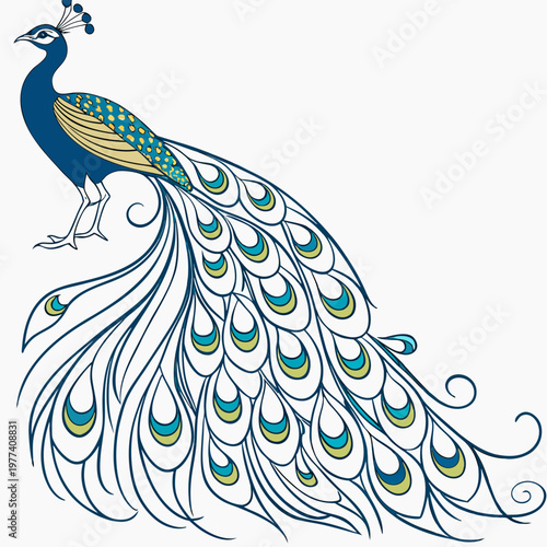 Vibrant peacock illustration with stunning tail feathers standing proudly