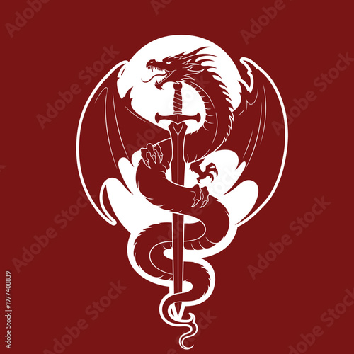 Mythical Dragon Wrapped Around Sword Emblem.