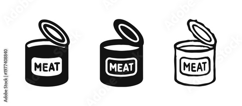Canned meat or tin can food icon set in three styles: outline, solid, and hand-drawn sketch