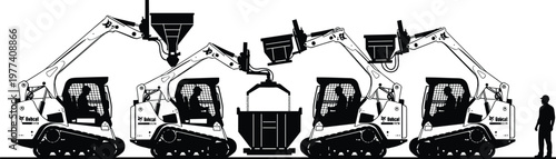 Silhouette sequence of skid steer loaders with hydraulic arms lifting and dumping materials into container, showcasing construction machinery workflow, heavy equipment operation and industrial process