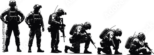 Silhouettes of modern soldiers in tactical gear holding rifles, showing military progression from standing to kneeling positions, combat readiness, defense forces and armed operation concept