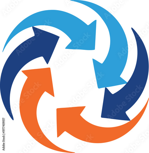 Circular arrow cycle icon indicating process and progress with blue and orange colors