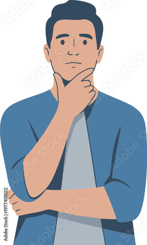 man, thinking, thoughtful, pensive, vector, illustration, character, flat design, confused, person, young, male, brainstorming, decision, smart, isolated, white background, hand on chin, crossed arms,