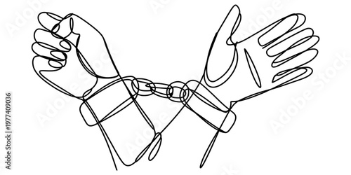 A single continuous line drawing of a pair of hands wearing metal handcuffs on a white background Vector, illustration