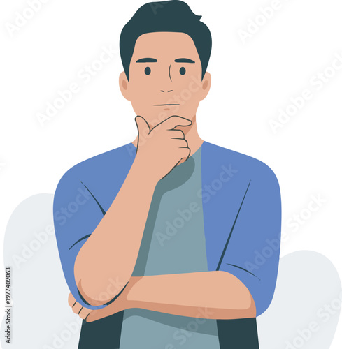 Thoughtful young man with hand on chin in flat vector illustration style.