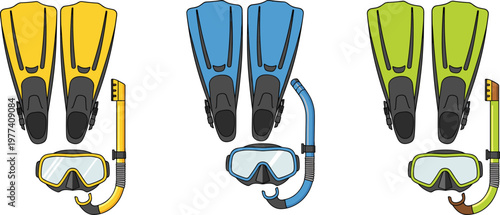 Snorkeling gear set vector illustration with fins, mask and snorkel, underwater diving equipment collection for summer vacation, ocean sport and travel design