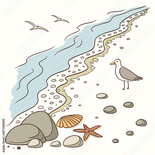A serene beach scene with a seagull standing on the shore next to rocks, shells, and a starfish, with waves gently lapping at the sand