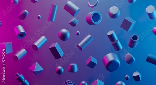 A colorful 3d rendering of various shapes floating in midair on a gradient background