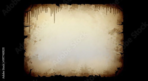 Aged parchment paper background with distressed edges and dripping effects isolated on black