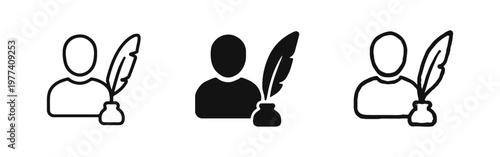Author or writer person with quill and ink icon set in three styles: outline, solid, and hand-drawn sketch