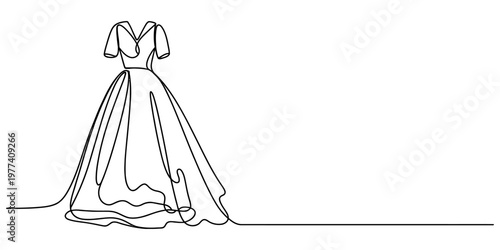 A minimalist single line drawing of an elegant wedding dress isolated on a solid white background Vector, illustration