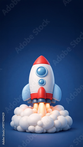 3D cartoon rocket taking off with clouds on a blue background, space launch concept, innovation and startup idea, futuristic design, exploration theme.