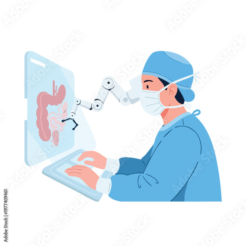 Surgeon controlling robotic arm for internal organ surgery on screen.