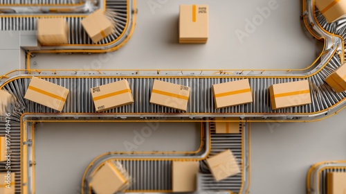 Top view of automated parcel conveyor system with cardboard boxes in modern warehouse logistics hub