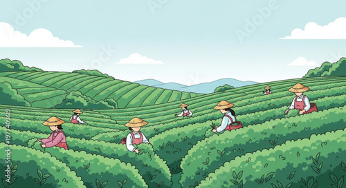 Tea plantation workers harvesting leaves in a lush green field with mountains