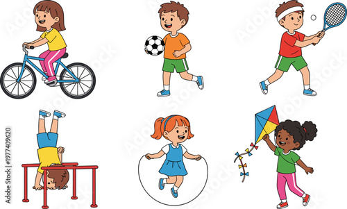 Happy Diverse Children Sports Activity Vector Set Featuring Kids Riding Bicycle Playing Soccer Tennis Gymnastics Skipping Rope and Flying Kite For Active Childhood Graphic Designs