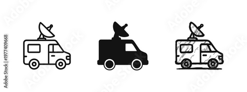 Satellite News Van Icons Set, Broadcasting Truck Symbol in Outline, Solid and Sketch Styles