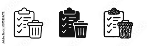 Checklist with trash bin delete icon set in three styles: outline, solid, and hand-drawn sketch