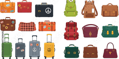 Travel luggage and bags collection flat vector illustration set with suitcases backpacks handbags briefcases and travel accessories isolated on light background