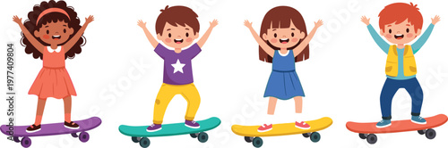 Happy Diverse Children Skateboarding Vector Set Featuring Little Boys And Girls Riding Colorful Skateboards For Active Childhood Healthy Lifestyle Sports And Recreation Graphic Designs