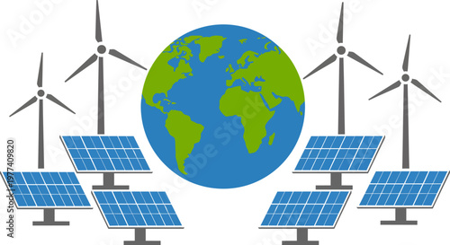 Renewable energy sources powering the planet with solar panels and wind turbines