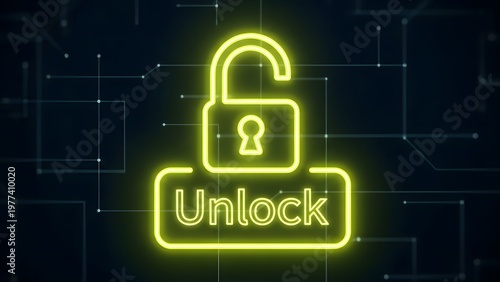 A neon yellow unlock symbol on a dark background with circuit lines