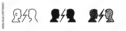 Brainstorming and Mental Conflict Icon Set, Profiles Facing Each Other with Lightning Bolt