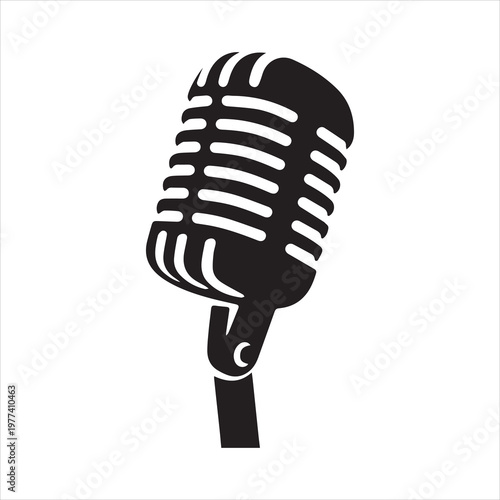 Black Retro vintage microphone on white background logo. Mic silhouette sign. Music, voice, record icon. Recording studio symbol. Flat stye vector