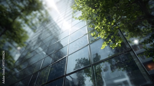 Glass facade of tall building framed by lush tree branches