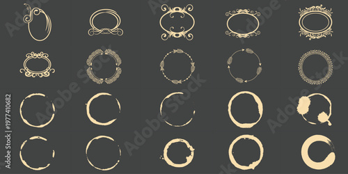 Collection of decorative frames and coffee cup rings Keywords frame, oval frame, ornate frame