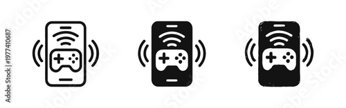 Mobile Gaming Icon Set showing Smartphone with Gamepad Controller and Wireless Signal