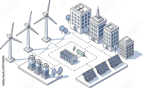 Isometric Smart City Energy Grid with Solar Panels, Wind Turbines and Battery Storage for Sustainable Green Power Infrastructure