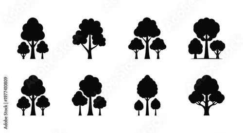 Collection of various tree shapes depicted in black silhouette