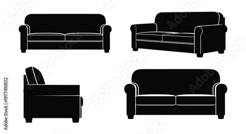 Four views of classic sofas presented as a stark black silhouette
