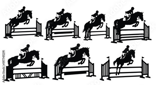 Equestrian show jumping horses and riders in dynamic poses silhouette