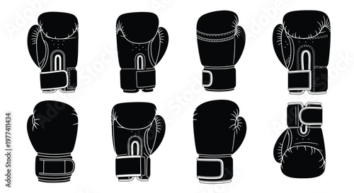Collection of black boxing gloves in various positions silhouette