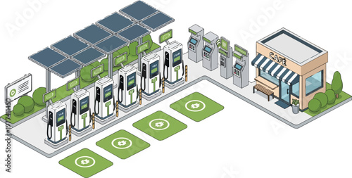 Isometric EV Charging Station Illustration with Solar Panels, Electric Vehicle Infrastructure, Green Energy Charging Points, and Cafe