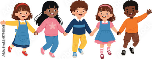 Happy Diverse Children Holding Hands Vector Set Featuring Little Boys And Girls For Friendship Unity Togetherness Community And International Youth Day Graphic Designs
